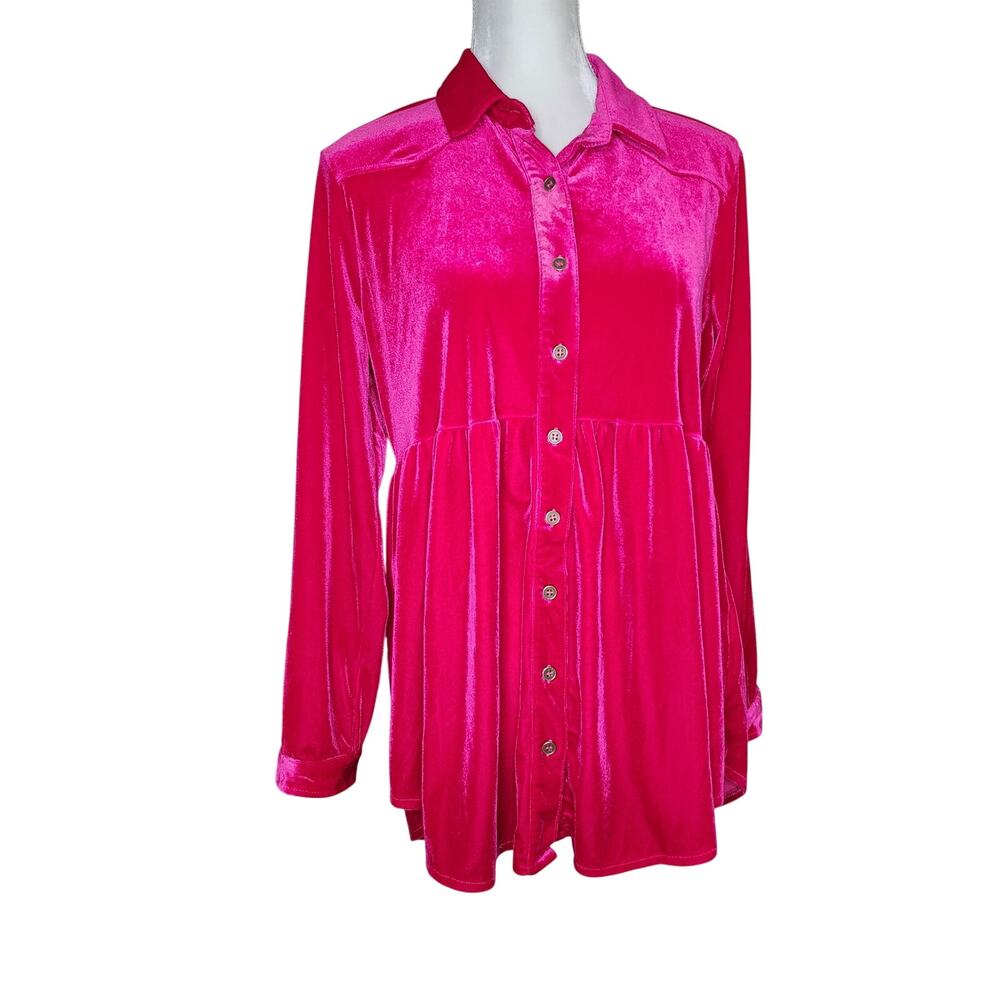 Umgee Fuschia Velvet Long Sleeve Button Up Shirt Women's Size Small